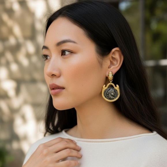 Coiled Snake Crystal Ancient Coin Earrings - Picture 4 of 4